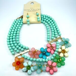 Makarlon Pastel Floral Bib Necklace & Earrings Set MultiStrand Statement Jewelry